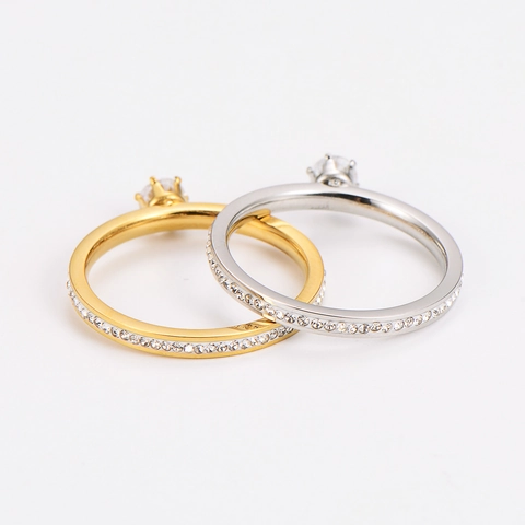 Sechs-Zinken Edelstahl Ring Rund Zirkonia Pavé Band Zarter Minimalistischer Modeschmuck Für Damen
