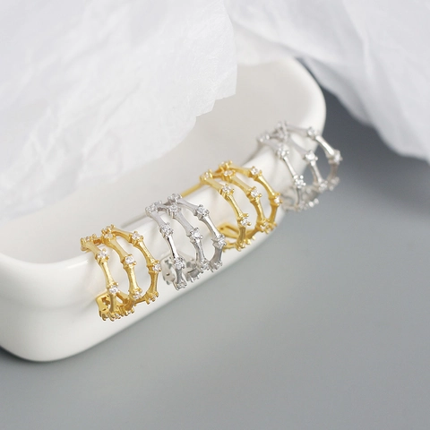 Meerlaagse Bamboe Gewricht C-Vorm Hoop Oorbellen Met 925 Sterling Zilveren Oorbel Post Legering Rijnsteen Retro Voor Dames