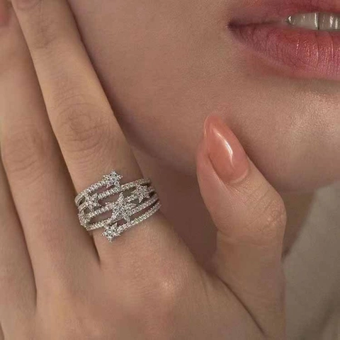 Multi-Layer Stern Offener Ring Kupfer Zirkonia Glänzend Geometrisch Verstellbar Schmuck Für Frauen Chic Stil