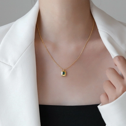 Collana Vintage in Acciaio Inossidabile Con Ciondolo in Strass Verde per Donna Placca Quadrata Dorata Gioielli Geometrici Regalo