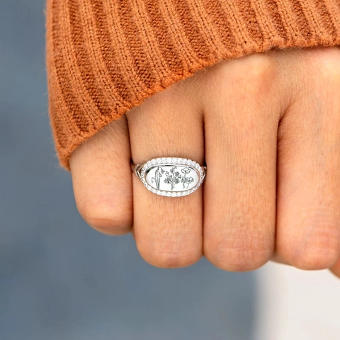 925 Sterling Silver Oval Ring With Engraved Wildflower And Zircon Halo Fashion Jewelry For Women