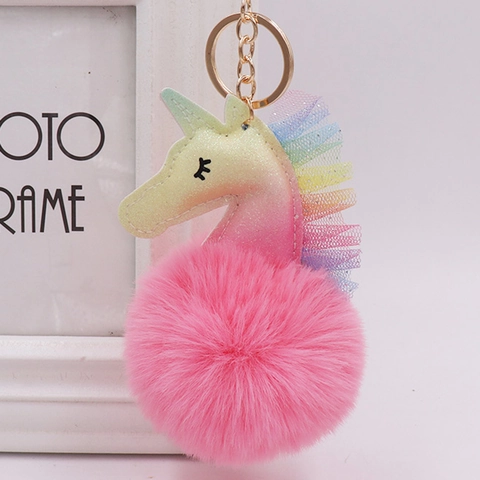 Cute Dreamy Lace Unicorn Pom Pom Keychain Glitter PU Leather Plush Bag Pendant Gold Keyring For Women Girls Jewelry Gift