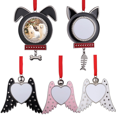 Metal Christmas Hanging Ornament Photo Frame Pendant Dog Cat Head Angel Wings Heart Shape Sublimation Blank For Home Decor
