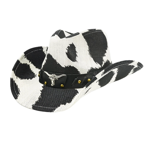 Chapeau de Cow-boy de l'Ouest Vintage Paille de Papier Imprimé Vache Large Bord Protection Solaire Tête de Taureau en Métal Hommes Femmes