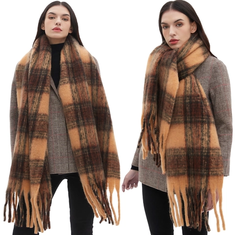 Winter Plaid Schal Dick Warm Polyester Schal Mit Langen Quasten Kaffeebraun Weich Plüsch Halswärmer Für Damen Herren