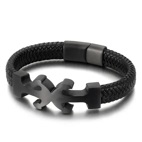 Men Braided Leather Bracelet Stainless Steel Geometric Magnetic Buckle Nautical Style Fashion Wristband