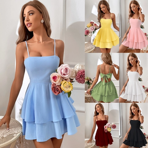 Women Spaghetti Strap Mini Dress Cotton Tiered Layered Backless Big Bow Square Neck Summer Party Sweet Slim Fit