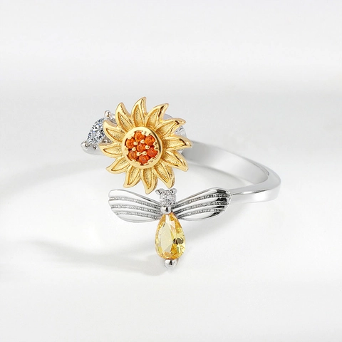 Fashion Zinc Alloy Rotating Sunflower Ring For Women Anxiety Stress Relief Spinner Adjustable Bee Flower Rhinestone Ring Jewelry