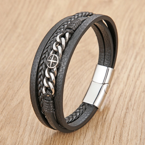 Bracelet En Cuir Tressé Multicouche Pour Homme Vintage Boussole Étoile Chaîne Métal Fermoir Magnétique Bijoux