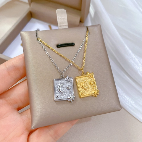 Retro Tarot Stijl Maan Ster Zon Rechthoekige Hanger Ketting Titanium Roestvrij Staal Minimalistische Sieraden Voor Dames