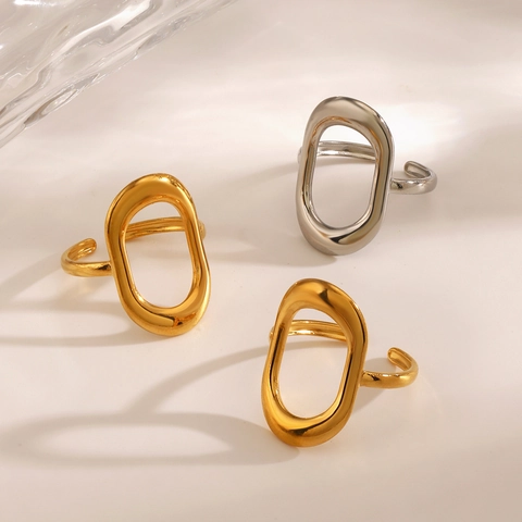 Minimalist Hollow Oval Ring Stainless Steel Geometric Adjustable Open Finger Jewelry For Women Elegant Modern Fashion Style