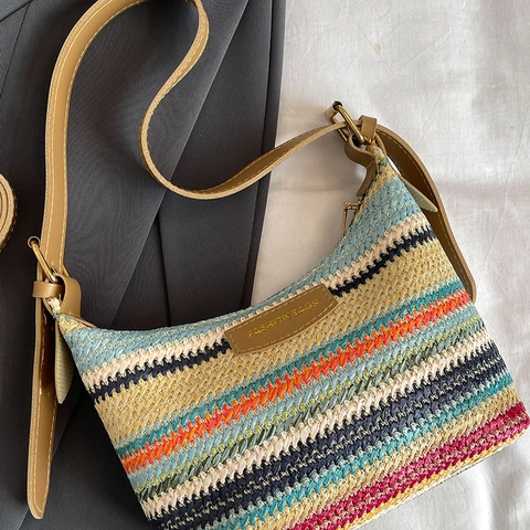 Bunte Gestreifte Gewebte Umhängetasche Stroh Hobo Tasche Mit PU Lederriemen Für Frauen Sommer Urlaub Lässig