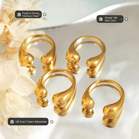 Anillos Abiertos Minimalistas En Forma De Gota Acero De Titanio Chapado En Oro De 18K Joyas Geométricas Ajustables Para Mujeres