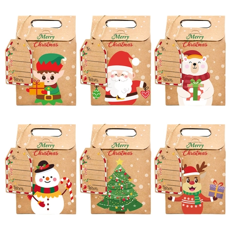 Christmas Kraft Paper Gift Bags With Ribbon Tags Snowflake Pattern For Holiday Party Candy Cookies Treats Wrapping