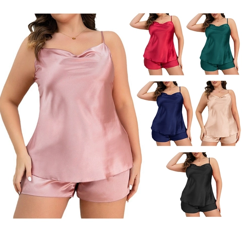 Women Plus Size Satin Pajama Camisole And Shorts Cowl Neck Imitation Satin Sleepwear High Gloss Soft Lingerie