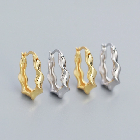 925 Sterling Silver Irregular Wave Hoop Earrings For Women Metallic Minimalist Ear Buckle Gold Silver Color Fashion Jewelry