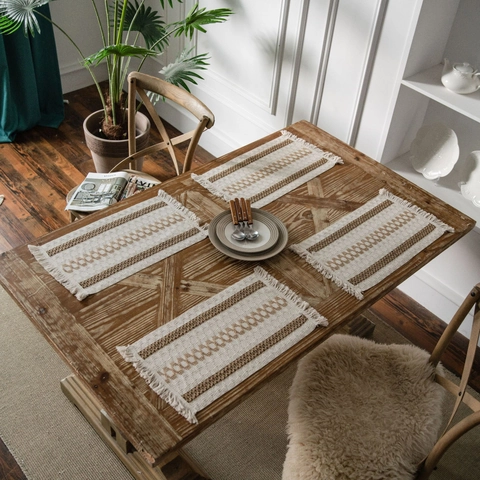 BoHo Υφαντά Σουπλά από Βαμβάκι και Λινό Με Φούντες Γεωμετρικά Ριγέ Χαλάκι Τραπεζιού Για Διακόσμηση Τραπεζαρίας Κουζίνας