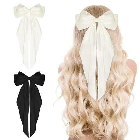 Large Satin Bow Hair Clip With Long Ribbons Vintage Elegant French Barrette Hair Bows For Women Girls Hair Accessories