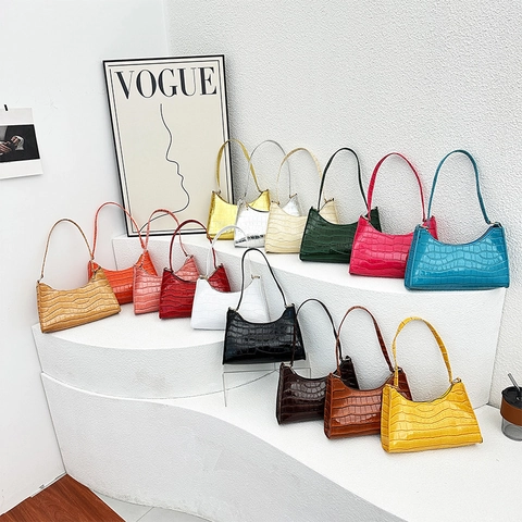 Croc Embossed PU Leather Baguette Underarm Shoulder Bag For Women Retro Glossy Fashion Small Handbag