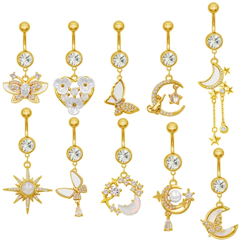Moda Orecchini Ombelico in Lega di Zinco Placcati Oro Strass Perla Artificiale Farfalla Luna Stella Cuore Gioielli Corpo