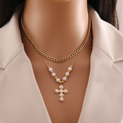 Double Layer Necklace Stainless Steel Faux Artificial Pearl Cross Heart Evil Eye Pendant Curb Chain Retro Fashion Jewelry Women