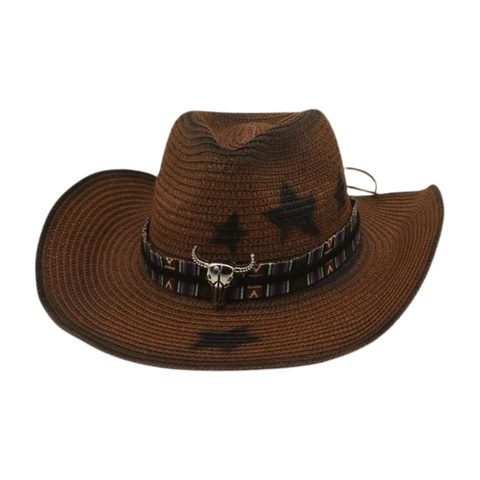 Western Cowboy Straw Hat With Metal Bull Skull Ethnic Strap Star Print Wide Brim Sun Protection Windproof Rope