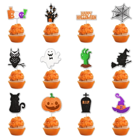 Topper Per Cupcake Di Halloween In Cartoncino Luccicante Tema Pipistrello Zucca Fantasma Decorazione Dolci