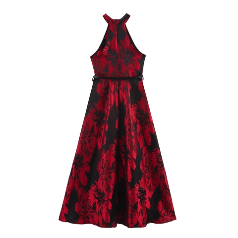 Dames Halter Maxi Jurk Mouwloos Jacquard Bloemenprint Hoge Taille A-Lijn Met Riem Elegant Avond