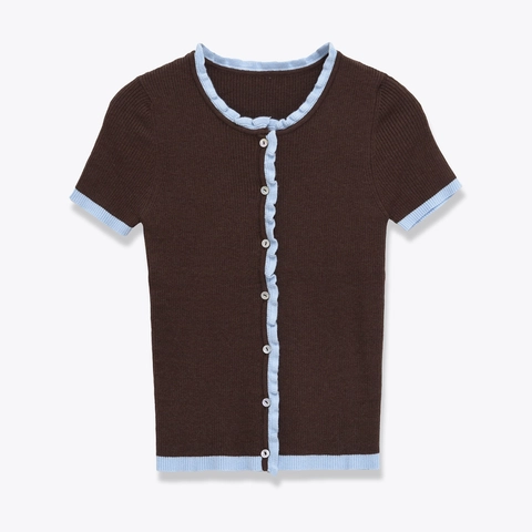 Women Knit Cardigan Short Sleeve Ribbed Contrast Ruffle Trim Button Down Retro French Sweet Top Coffee