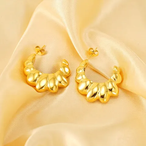 Vintage Croissant Hoop Oorbellen Roestvrij Staal 18K Verguld Geribbelde Textuur Chunky Geometrische Sieraden Voor Dames
