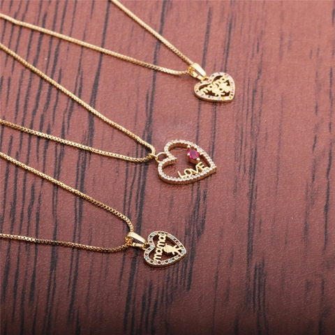 Hart Hanger Ketting Koper Micro Ingelegde Zirkoon MAMA LOVE Letter Moeder Kind Silhouet Sieraden Cadeau Voor Vrouwen