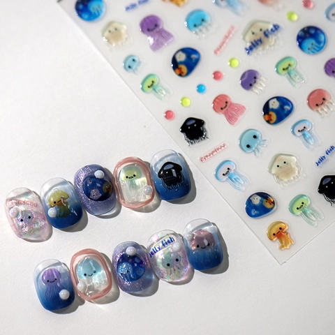 Autocollants Art Des Ongles Méduse Dessin Animé 3D Jelly Auto Adhésifs Transparent Coloré Été Océan Manucure