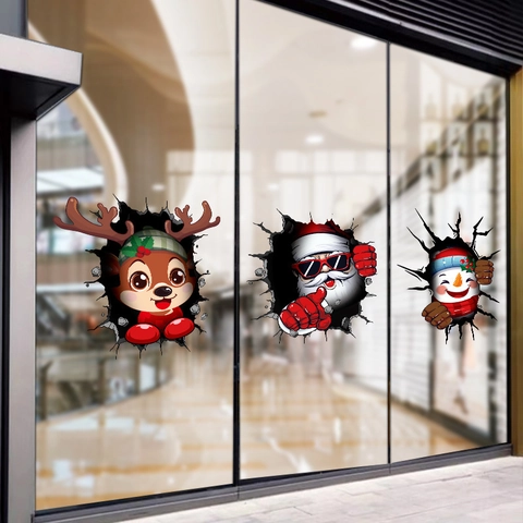 Christmas Window Stickers PVC Static Cling 3D Broken Wall Effect Santa Reindeer Snowman Double Sided Decorative Decals