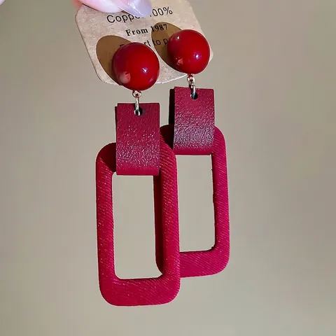 Vintage Red Rectangle Dangle Earrings With Silver Earring Post Flocked Leather Resin Fabric Geometric Style For Women