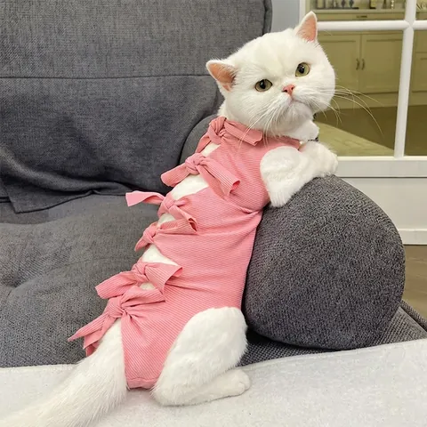 Pet Recovery Suit Sterilization Clothing Ribbed Cotton Anti Lick Wound Protection Back Bow Tie Cats Small Dogs