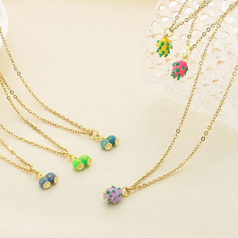 Collier Pendentif Fruits Acier Inoxydable Plaque Or Email Pitaya Cerise Colore Style Pastoral Femmes