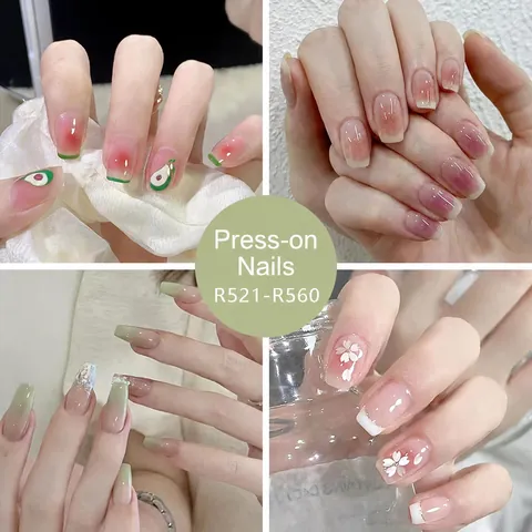 Women Sweet French Style Press On Nails With Glue Gradient Heart Flower Design Glossy False Nails Daily Party Manicure Tips