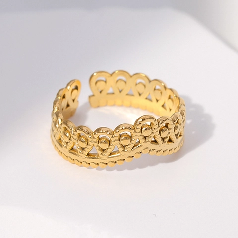 Anillo De Corona Hueca Acero Inoxidable Chapado En Oro De 18K Encaje Retro Borde Perlado Abierto Ajustable Joyas Para Mujer