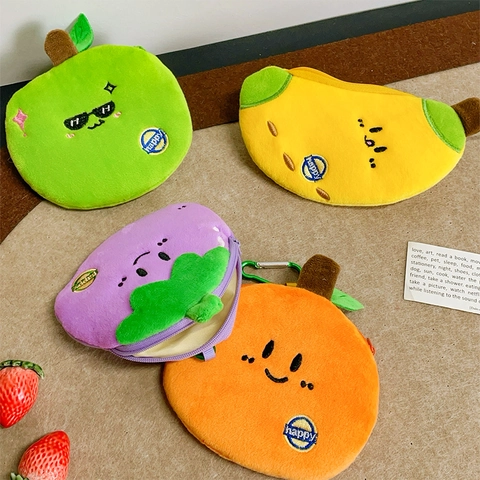 Fruit Vegetable Shape Plush Coin Purse Mini Wallet Keychain Soft Portable Small Zipper Bag With Metal Hook For Kids Cute Kawaii Embroidery