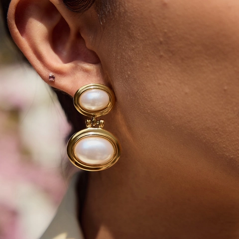 Pendientes Colgantes Vintage Doble Perla Artificial Chapado Oro Acero Inoxidable Marco Ovalado Joyería Elegante Hipoalergénica Para Mujer