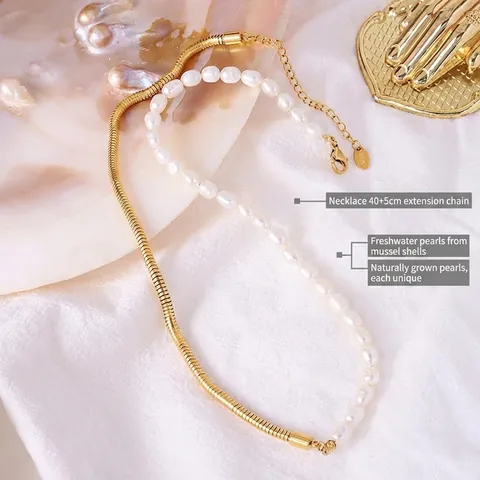 18K Vergulde Titanium Stalen Zoetwaterparel Ketting Voor Dames Asymmetrische Verbinding Slangenketting Choker Mode Sieraden