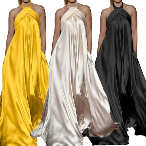 Women Satin Halter Neck Maxi Dress Backless Large Swing Evening Party Cocktail Long Dress Solid Color Elegant