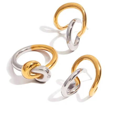 18K Gold Plated Stainless Steel Stud Earrings And Ring Set Two Tone Interlocking Knot Minimalist Jewelry For Women