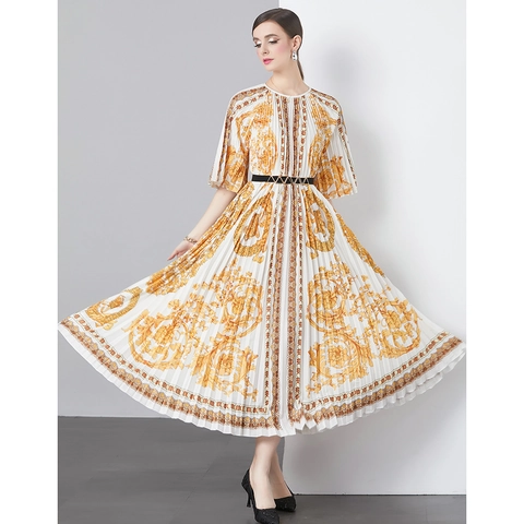 Vestito Pieghettato Elegante Da Donna Con Stampa Barocca Girocollo Mezza Manica Vintage Fisarmonica Vita Alta Chiffon