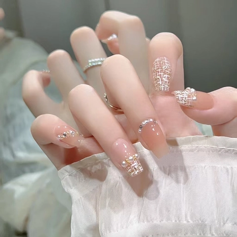 Unghie Finte Dolci Forma Ballerina Perla Artificial Strass Sfumato Rosa Motivo Quadri Unghie Eleganti Per Donne