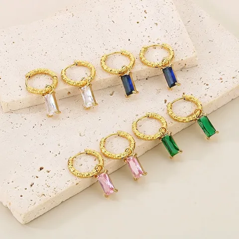 Hoop Earrings Stainless Steel Baguette Zircon Textured Hammered Metal Vintage Retro Light Luxury Fashion For Women