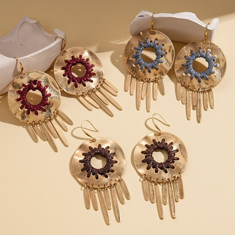 Boho Hohlrunde Ohrringe Legierung Mit Lederschnur Gewebte Metallfransen Quaste Retro Ethnischen Stil Für Damen
