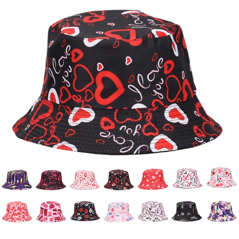 Chapeau Bob en Polyester Imprimé à la Mode pour Hommes Femmes Protection Solaire Extérieure Respirante Pare-soleil Chapeau Avec Motif de Coeur Lèvres Tour Style de Rue Voyage Chapeau de Pêcheur Personnalisé