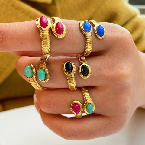 18K Gold Plated Stainless Steel Open Ring For Women Double Natural Stone Inlaid Spiral Ribbed Texture Retro Jewelry