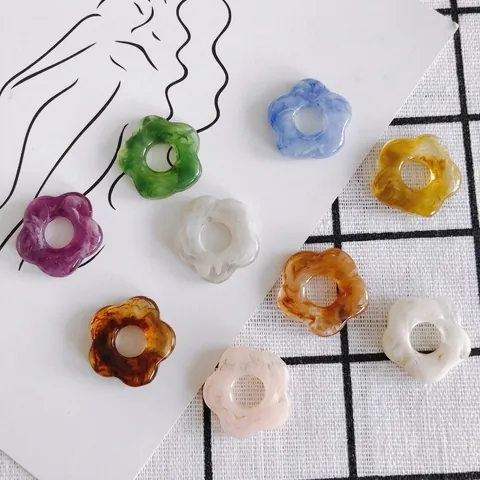 Resin Acrylic Flower Beads Marble Texture Five Petal Center Hole DIY Jewelry Making Accessories Charms Pendants